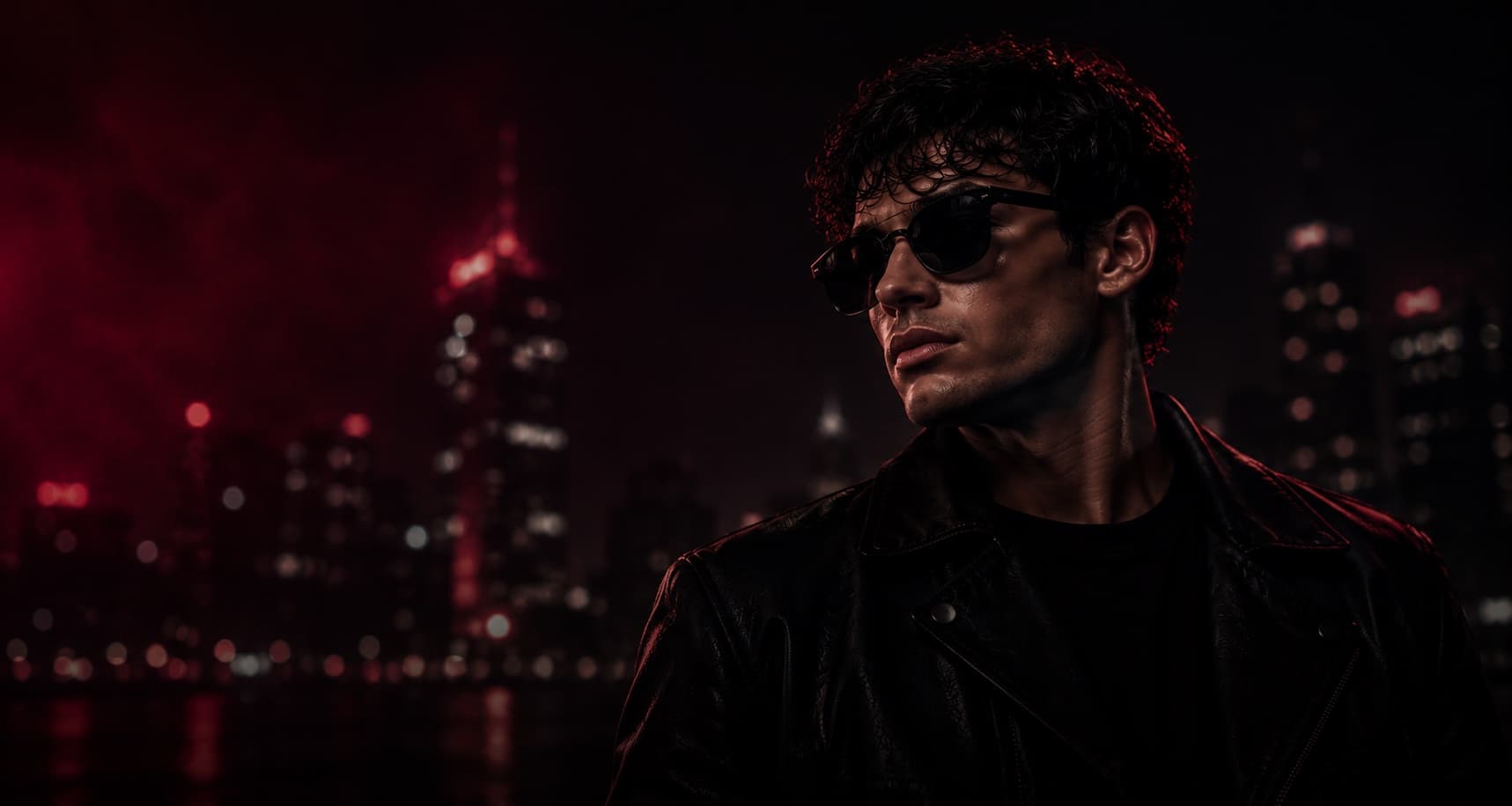 Portrait in a black leather jacket overlooking a city illuminated in deep red